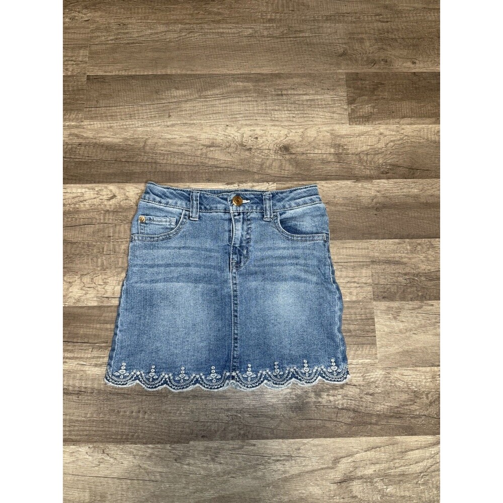 Cat & Jack‎ Girls Blue Denim Skirt Eyelet Scalloped Hem Adjustable Waist Size 6